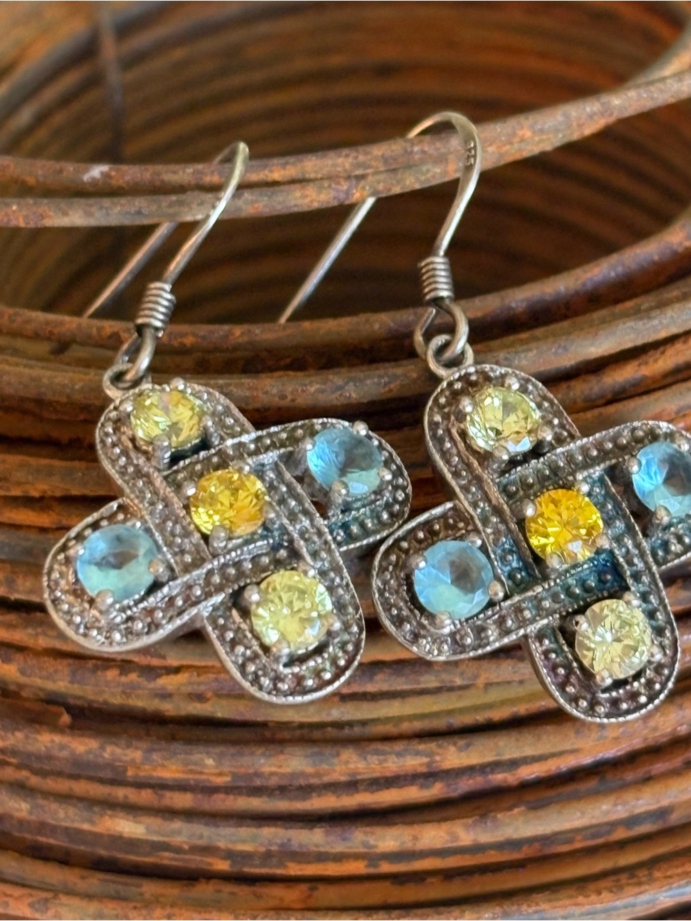Sterling Silver-Tone Blue & Yellow Crystal Clover Drop Earrings